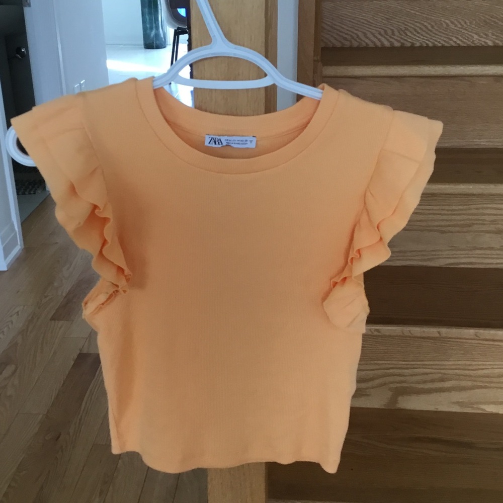 ZARA Peach Ruffle-Sleeve Short Sleeve Tee